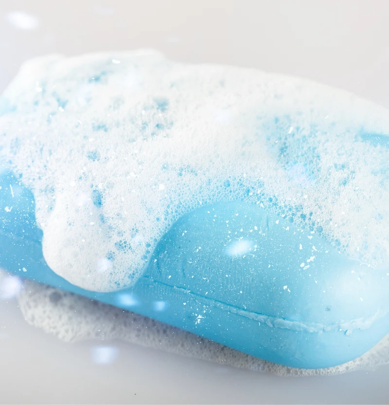 a clean blue bar of soap